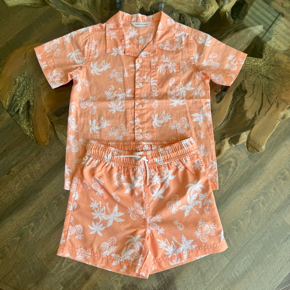 Janie and Jack - Tropical Orange Swim Shorts and Shirt Set